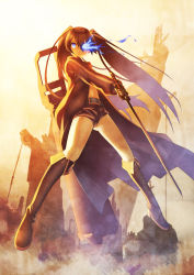 Rule 34 | 10s, 1girl, arm cannon, belt, black rock shooter, black rock shooter (character), blue eyes, boots, coat, female focus, glowing, glowing eye, glowing eyes, highres, katana, knee boots, kunieda, long hair, monochrome, ruins, sepia, short shorts, shorts, solo, spot color, sword, twintails, very long hair, weapon