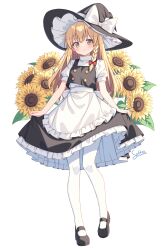 Rule 34 | 1girl, absurdres, apron, artist name, black shoes, black skirt, black vest, blonde hair, blush, bow, braid, closed mouth, commentary, flower, frilled skirt, frills, full body, hair bow, hat, hat bow, highres, kirisame marisa, long hair, looking at viewer, mary janes, pantyhose, puffy short sleeves, puffy sleeves, red bow, setteiset, shoes, short sleeves, side braid, signature, single braid, skirt, skirt hold, smile, solo, sunflower, touhou, very long hair, vest, waist apron, white bow, white pantyhose, witch hat, yellow eyes, yellow flower