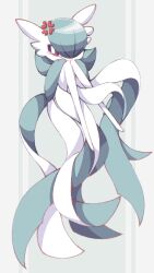 anger_vein bob_cut colored_skin curled_up dress gardevoir gen_3_pokemon green_hair green_skin highres multicolored_skin narumiya_pkmn nintendo pink_eyes pokemon pokemon_(creature) signature simple_background tears two-tone_skin white_dress white_skin