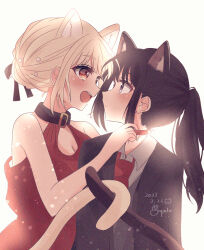 2girls absurdres animal_ears arupaka5tuki bare_arms black_hair black_jacket blonde_hair blush cat_ears cat_girl cat_tail choker closed_mouth collared_shirt commentary_request dress hair_up highres inoue_takina intertwined_tails jacket kemonomimi_mode long_hair lycoris_recoil multiple_girls necktie nishikigi_chisato open_mouth ponytail purple_eyes red_choker red_dress red_eyes red_necktie shirt simple_background smile tail three_quarter_profile white_background white_shirt yuri