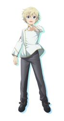 1boy :d black_pants black_shoes blonde_hair blue_eyes child choppy_bangs doctor double-parted_bangs falma_de_medicis isekai_yakkyoku lab_coat looking_at_viewer official_art open_mouth pants promotional_art reaching reaching_towards_viewer shirt shoe_buckle shoes short_hair smile straight-on transparent_background white_shirt