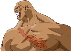 1boy angry bald bengus from_side game_cg highres looking_to_the_side male_focus muscular muscular_male no_pupils non-web_source official_art open_mouth parted_lips portrait sagat scar scar_on_chest scar_on_face simple_background solo street_fighter street_fighter_zero_(series) teeth upper_body white_background white_eyes
