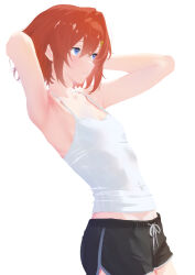 1girl ange_katrina armpits arms_behind_head black_shorts blue_eyes camisole cohi27151463 covered_navel cowboy_shot dolphin_shorts double-parted_bangs flat_chest hair_between_eyes hair_ornament hairclip highres looking_ahead midriff_peek nijisanji parted_lips red_hair short_hair shorts sidelocks simple_background solo virtual_youtuber white_background white_camisole