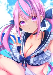 1girl absurdres ahoge bikini blue_choker blue_ribbon blue_sky blush bow breasts choker colored_inner_hair frilled_sailor_collar frills hair_ribbon highres hololive long_hair looking_at_viewer minato_aqua multicolored_hair official_alternate_costume pink_hair purple_eyes ribbon sailor_collar sky solo streaked_hair swimsuit twintails two-tone_hair virtual_youtuber yanagiba_sakana