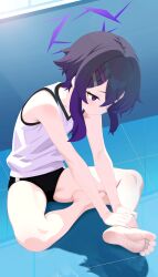 1girl absurdres alternate_costume bare_arms bare_legs bare_shoulders barefoot black_buruma blue_archive bright_pupils buruma c-r-carlos chinese_commentary commentary_request double-parted_bangs feet full_body hair_between_eyes hair_ornament hairclip halo hand_on_own_ankle haruka_(blue_archive) highres legs looking_down on_floor profile purple_eyes purple_hair purple_halo reflective_floor shirt short_hair sidelocks sitting sleeveless sleeveless_shirt soles solo thighs tile_floor tiles toes white_shirt window
