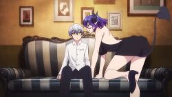 1boy 1girl alto_goldfield animated between_breasts black_dress breasts couch demon_girl demon_horns demon_tail dress forced_kiss horns kinsou_no_vermeil kiss purple_hair sitting_on_cushion sound tagme tail vermeil_(kinsou_no_vermeil) video