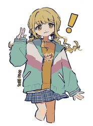 ! 1girl :3 blonde_hair blue_skirt braid brown_eyes closed_mouth cropped_legs fujita_kotone gakuen_idolmaster gooooskap hair_ribbon highres idolmaster jacket long_hair looking_at_viewer low_twin_braids miniskirt multicolored_jacket plaid_clothes plaid_skirt pleated_skirt ribbon shirt simple_background skirt smile solo twin_braids v white_background yellow_shirt