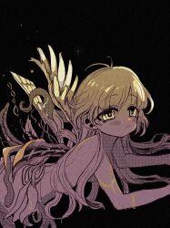 1girl asymmetrical_wings black_background body_horror breasts completely_nude feathered_wings highres long_hair marihico mismatched_wings monochrome nude plant_wings sayonara_wo_oshiete simple_background small_breasts smile solo sugamo_mutsuki tendril wings