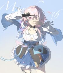 Rule 34 | absurdres, archery shooting glove, black gloves, black overskirt, blue eyes, blue jacket, blue skirt, breasts, buttons, camera, character name, chinese commentary, collarbone, commentary request, cowboy shot, earrings, finger frame, flower ornament, gloves, gradient background, gradient clothes, gradient jacket, hands up, highres, honkai: star rail, honkai (series), jacket, jewelry, looking at viewer, march 7th (honkai: star rail), march 7th (preservation) (honkai: star rail), medium breasts, medium hair, miniskirt, multicolored eyes, off-shoulder jacket, off shoulder, one eye closed, overskirt, partially fingerless gloves, pink eyes, pink jacket, pleated skirt, qingxinguayu., single earring, single glove, skirt, smile, teeth, thigh strap, tied jacket, two-tone eyes, underbust, upper teeth only