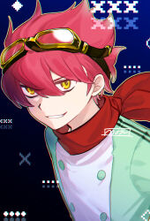 1boy blue_background digimon digimon_story:_time_stranger goggles goggles_on_head green_jacket jacket male_focus moch_ka_game parted_lips red_hair red_scarf scarf short_hair simple_background smirk solo upper_body white_jacket yellow_eyes yuuki_dan