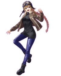 Rule 34 | 1girl, black boots, black sweater, blonde hair, blue helmet, blue pants, boots, braid, braided ponytail, breasts, brown eyes, brown jacket, clenched hand, denim, digimon, digimon card game, digimon liberator, full body, goggles, goggles on head, goggles on headwear, helmet, jacket, kazuki seihou, kinosaki mirai, medium breasts, official art, open clothes, open jacket, open mouth, pants, simple background, solo, sweater, transparent background