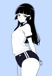 Rule 34 | 1girl, aoki reika, aquaberrymarine, blue theme, blush, breasts, buruma, gym shirt, gym uniform, hair tubes, highres, long hair, looking at viewer, monochrome, precure, shirt, short sleeves, small breasts, smile, smile precure!, solo