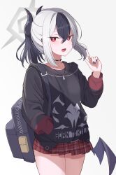 1girl absurdres backpack bag black_bag black_choker black_hair black_hoodie black_horns black_nails black_wings blue_archive choker commentary_request demon_horns ear_piercing grey_hair hair_between_eyes halo hand_in_pocket hand_up highres hood hood_down hoodie horns kayoko_(blue_archive) kirisame_oreo long_sleeves looking_at_viewer miniskirt multicolored_hair open_mouth piercing plaid_clothes plaid_skirt pleated_skirt ponytail red_eyes red_skirt sidelocks simple_background single_wing skirt solo standing thighs two-tone_hair white_background wings