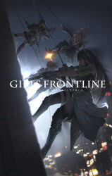 4girls anti-rain_(girls&#039;_frontline) ar-15 assault_rifle black_gloves black_hair blurry blurry_background boots building city cityscape clothes_around_waist commentary copyright_name eyepatch firing girls&#039;_frontline gloves gun handgun headgear headset highres hinoborukaku holding holding_gun holding_weapon jacket jacket_around_waist long_hair m16 m16a1 m16a1_(girls&#039;_frontline) m4_carbine m4_sopmod_ii_(girls&#039;_frontline) m4a1_(girls&#039;_frontline) mask multicolored_hair multiple_girls night night_sky open_mouth outstretched_hand pink_hair rappelling red_eyes rifle skull_mask sky skyscraper st_ar-15_(girls&#039;_frontline) streaked_hair suspension thighhighs thighhighs_under_boots tied_sweater weapon