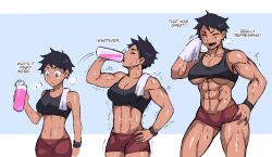 Rule 34 | 1girl, abs, black tank top, blue eyes, bottle, breasts, cleavage, closed eyes, drinking, english text, highres, holding, holding bottle, large breasts, morp, multiple views, muscle growth, muscular, muscular female, navel, original, red shorts, shorts, sweat, tank top, tomboy, torn clothes, towel, transformation, underboob, wardrobe malfunction, wristband