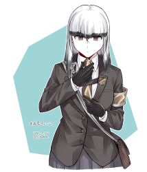 Rule 34 | 1girl, adjusting clothes, adjusting necktie, armband, black gloves, black hair, brown armband, brown bag, brown eyes, brown necktie, closed mouth, collared shirt, colored tips, commentary request, dated, gloves, grey jacket, jacket, jouhou, looking at viewer, medium hair, multicolored hair, necktie, pleated skirt, purple skirt, satsuki yomi, shirt, skirt, solo, standing, toji no miko, translation request, twitter username, white hair, white shirt