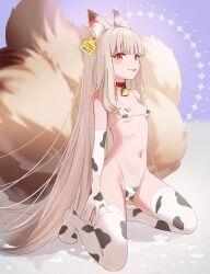 1girl absurdres animal_ears animal_print barefoot bell bikini blush breasts collar commission covered_erect_nipples cow_print cow_print_bikini elbow_gloves fox fox_ears fox_girl fox_tail gloves highres long_hair looking_at_viewer micro_bikini multiple_tails navel neck_bell original print_bikini print_gloves red_eyes sakuma_shiki sitting skeb_commission small_breasts smile solo swimsuit tail thighhighs tongue tongue_out very_long_hair wariza white_hair