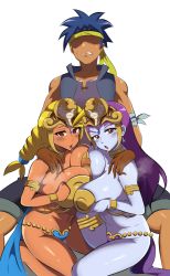 1boy 2girls absurdres belly_dancer blonde_hair bolo_(shantae) braid breasts colored_skin cooperative_paizuri dancer_outfit harem_outfit highres large_breasts multiple_girls paizuri purple_hair purple_skin revealing_clothes risky_boots shantae_(series) shantae_and_the_pirate&#039;s_curse sky_(shantae) teamwork_(sexual) tongue tongue_out