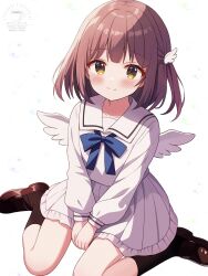 1girl angel angel_wings arms_between_legs black_socks blue_bow blue_bowtie blush bow bowtie brown_eyes brown_hair closed_mouth commentary_request full_body hair_ornament highres kneehighs long_sleeves looking_at_viewer original own_hands_together sailor_collar school_uniform shirt short_hair simple_background sitting skirt smile socks solo uru_aoi23 v_arms wariza watermark white_background white_sailor_collar white_shirt white_skirt white_wings wing_hair_ornament wings