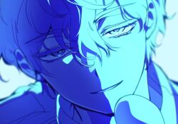 1boy alien_stage close-up commentary dutch_angle english_commentary hair_between_eyes lubya luka_(alien_stage) male_focus parted_lips short_hair smile solo very_short_hair