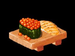 Rule 34 | black background, fish (food), food, food focus, gunkanmaki, hisachan55cute, ikura (food), nigirizushi, no humans, nori (seaweed), original, pixel art, salmon (fish), sashimi, scenery, seafood, simple background, sushi, sushi geta