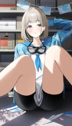 1girl :o absurdres arm_behind_head bare_legs bike_shorts blue-framed_eyewear blush dress feet_out_of_frame goggles grey_hair highres idolmaster idolmaster_shiny_colors indoors looking_at_viewer pdal_(pdalhhh) photo_(object) sailor_dress serizawa_asahi sitting solo