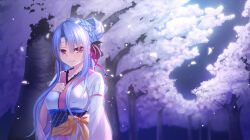 Rule 34 | 1girl, arm at side, black bow, blue hair, blush, bow, braid, breast suppress, breasts, clenched hand, closed mouth, commentary, crown braid, eyes visible through hair, falling petals, forest, frilled kimono, frills, hair between eyes, hair bow, hair bun, hair ribbon, hand up, highres, japanese clothes, kimono, large breasts, lips, long hair, long sleeves, looking at viewer, nature, night, nontraditional miko, official alternate costume, orange bow, outdoors, petals, red eyes, red ribbon, ribbon, shootinghaze, single hair bun, smile, solo, sorakado ao, summer pockets, tree, upper body, very long hair, white kimono, wide sleeves