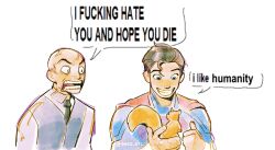 2boys anger_vein angry bald black_hair blue_eyes cape dc_comics dc_universe_(franchise) formal_clothes highres i_fucking_hate_you_and_hope_you_die_(meme) lex_luthor meme multiple_boys necktie red_cape smile squirrel suit superman superman_(2025) tecotit