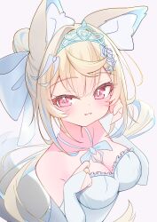 1girl :3 absurdres alternate_costume animal_ears bare_shoulders blonde_hair blue_hair blush breasts bridal_gauntlets cleavage dog_ears dog_girl dog_tail dress fuwawa_abyssgard high_ponytail highres hololive hololive_english howaito_cute large_breasts long_hair looking_at_viewer multicolored_hair pink_eyes ponytail simple_background solo strapless strapless_dress streaked_hair tail two-tone_hair upper_body very_long_hair virtual_youtuber wedding_dress white_background white_bridal_gauntlets white_dress