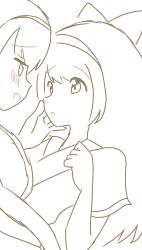 2girls ainu_clothes breasts flirting from_side hair_ribbon half-closed_eyes hand_on_another&#039;s_head highres long_hair looking_at_another medium_breasts monochrome multiple_girls nakoruru open_mouth ribbon rimururu samurai_spirits short_hair siblings sideboob sisters sketch smile snk