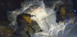 Rule 34 | 1boy, 1girl, arm up, bare shoulders, black hair, black necktie, blue hair, bridal veil, closed eyes, collared shirt, couple, creamyghost, dark-skinned male, dark skin, dress, elbow gloves, face-to-face, facial hair, fingernails, frown, ghost, gloves, glowing, grey hair, hand on another&#039;s hand, hetero, highres, imminent kiss, jewelry, kaburagi t. kotetsu, kaburagi tomoe, light smile, long hair, long sleeves, necklace, necktie, off-shoulder dress, off shoulder, ornate ring, pale skin, pearl necklace, petals, ring, shirt, short hair, statue, stubble, suspenders, tears, tiger &amp; bunny, veil, wedding, wedding dress, wedding ring, white dress, white gloves, wind