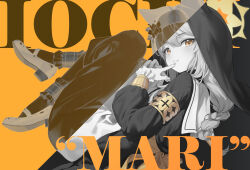 Rule 34 | 1girl, alternate eye color, animal ear fluff, animal ear headwear, animal ears, black background, black shoes, black veil, blue archive, blush, braid, character name, chiu538, commentary, double-parted bangs, fake animal ears, finger to mouth, flower, full body, hair between eyes, hair flower, hair ornament, hairband, halo, hat, hat flower, highres, index finger raised, knees together feet apart, legs up, limited palette, long hair, long sleeves, looking at viewer, low-braided long hair, low-tied long hair, lying, mari (blue archive), mary janes, mindscape cinema (zenless zone zero), nun, on side, orange eyes, parted lips, puffy long sleeves, puffy sleeves, shoes, simple background, smile, solo, veil, white flower, yellow halo, zenless zone zero