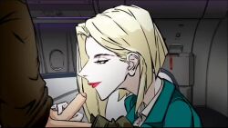1boy 1girl animated blonde_hair erection flight_attendant from_side gallipozzi indoors interior kissing_penis lipstick looking_at_another looking_at_penis makeup medium_hair original penis red_lips small_penis tagme travel_attendant uncensored video