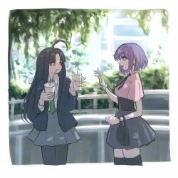 Rule 34 | 2girls, ahoge, awa subaru, bang dream!, bang dream! it&#039;s mygo!!!!!, black corset, black hair, black pantyhose, border, commentary, corset, crossover, cup, disposable cup, girls band cry, green necktie, grey skirt, highres, holding, holding cup, instrument connection, jirai kei, long hair, long sleeves, multiple girls, necktie, open mouth, pantyhose, parted bangs, pink eyes, pink shirt, pleated skirt, purple eyes, purple hair, shirt, short hair, short sleeves, skirt, thighhighs, tomare (akashingou), white border, white shirt, yuutenji nyamu, zettai ryouiki