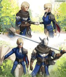 1boy 1girl armor blonde_hair brother_and_sister cape duchess_(elden_ring) elden_ring elden_ring_nightreign gloves helmet highres holding holding_sword holding_weapon long_hair siblings stephengiannart sword weapon winged_helmet wylder_(elden_ring)