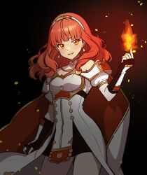 1girl armor black_skirt breastplate cape celica_(fire_emblem) commission commissioner_upload dress earrings fingerless_gloves fire fire_emblem fire_emblem_echoes:_shadows_of_valentia gloves highres jewelry light_smile long_hair magic muis0802 nintendo orange_eyes orange_hair princess red_eyes red_hair skirt solo tiara white_armor white_dress