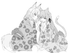 Rule 34 | 2girls, animal ear fluff, animal ears, bang dream!, bang dream! it&#039;s mygo!!!!!, blush, cat ears, cat girl, cat tail, closed mouth, fox ears, fox girl, fox shadow puppet, fox tail, greyscale, hair ribbon, highres, japanese clothes, kimono, looking at another, misumi uika, monochrome, multiple girls, obi, ribbon, sash, smile, tail, togawa sakiko, two side up, uikays, yuri