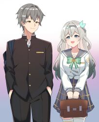 1boy 1girl bag blush bow bowtie brown_bag buttons caelus_(honkai:_star_rail) collared_shirt double-breasted erushira firefly_(honkai:_star_rail) firefly_(spring_missive)_(honkai:_star_rail) gakuran gradient_background green_bow green_bowtie green_pupils grey_hair grey_hairband grey_ribbon grey_sailor_collar grey_skirt hair_between_eyes hair_intakes hair_ornament hair_ribbon hairband handbag hands_in_pockets highres honkai:_star_rail honkai_(series) multicolored_eyes open_mouth plaid_bow plaid_bowtie plaid_clothes pleated_skirt ribbon sailor_collar school_uniform shirt skirt smile thighhighs trailblazer_(honkai:_star_rail) two-tone_eyes white_shirt white_thighhighs yellow_eyes