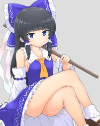 1girl alternate_color ascot black_hair blue_bow blue_eyes blue_skirt bobby_socks bow breasts cleavage closed_mouth commentary crossed_legs detached_sleeves frilled_bow frilled_hair_tubes frills gohei hair_bow hair_tubes hakurei_reimu highres holding holding_gohei large_variant_set long_hair looking_at_viewer minatsuki_9 player_2 ribbon-trimmed_sleeves ribbon_trim shoes sideboob sitting skirt skirt_set socks solo thighs touhou variant_set white_socks