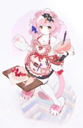 1girl absurdres alternate_costume alternate_hairstyle animal_ears animal_hands apron arknights baking batter black_hairband black_skirt blue_bow bow bowl bracelet cake cat_ears cat_girl cat_tail colored_skin dal-gi floppy_ears food fruit full_body gloves goldenglow_(arknights) hair_bow hair_rings hairband heart highres holding holding_bowl infection_monitor_(arknights) jewelry lightning_bolt_symbol mittens mixing_bowl pastry_bag paw_gloves paw_shoes pink_hair pink_slippers shirt simple_background single_mitten skirt slippers solo standing strawberry tail thighhighs whisk white_background white_shirt white_skin white_thighhighs yellow_eyes