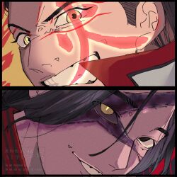 2boys black_border black_eyes black_hair border brown_hair colored_sclera commentary_request cross_scar eye_focus facial_mark fire_candle_(super_sentai) grey_sclera grin heterochromia highres kuon_(super_sentai) looking_at_viewer male_focus mole mole_under_eye multiple_boys no.1_sentai_gozyuger red_background scar scar_across_eye scar_on_face slit_pupils smile spoilers super_sentai syatimaru36 tokusatsu yellow_eyes