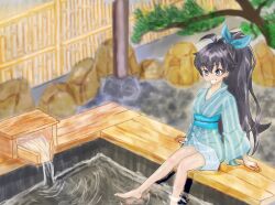 1girl absurdres ahoge antenna_hair aqua_eyes artist_request barefoot black_hair blush bow breasts clenched_teeth collarbone eyelashes fang feet feet_in_water female_focus ganaha_hibiki grin hair_between_eyes hair_bow hair_ornament happy high_ponytail highres idolmaster idolmaster_(classic) japanese_clothes kimono legs long_hair long_sleeves looking_ahead medium_breasts namco neck obi outdoors ponytail sash sidelocks sitting smile soles teeth thighs toes water wide_ponytail wide_sleeves yukata