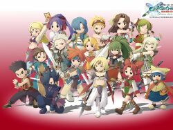 armor card chinese_clothes cross_gate elf enix everyone fantasy fishing_rod flute highres instrument ninja non-web_source official_art official_wallpaper pike_(weapon) pointy_ears polearm square_enix sword transverse_flute weapon