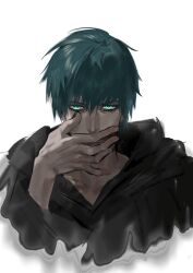 1boy aqua_eyes arm_up black_hood black_robe blue_hair collarbone covered_mouth covering_own_mouth cropped_torso eyelashes final_fantasy final_fantasy_xiv glowing glowing_eyes hand_over_own_mouth hermes_(ff14) hood hood_down hooded_robe looking_at_viewer male_focus poisonfire666 robe short_hair simple_background solo white_background