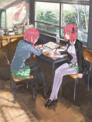 2girls black_jacket black_pantyhose black_shoes breasts chair closed_mouth commentary_request day desk go-toubun_no_hanayome green_skirt hair_ornament indoors jacket kabuno_(camphora) long_hair long_sleeves medium_breasts medium_hair multiple_girls nakano_miku nakano_nino notebook open_clothes open_jacket pantyhose pink_hair school school_chair school_desk shirt shoes siblings sidelocks sisters sitting skirt studying thighhighs tree white_shirt white_thighhighs window writing
