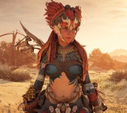 1girl 3d aloy_(horizon) bodypaint braid breasts female_focus freckles game_cg game_console glitch horizon_(video_game) horizon_forbidden_west horizon_zero_dawn long_hair messy_hair navel nipples outdoors red_hair solo sweat tribal upper_body video_game