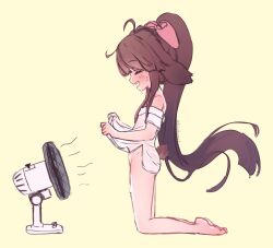 1girl ahoge animal_ears blush bottomless bow brown_hair closed_eyes clothes_lift electric_fan from_side hair_bow highres hot indie_virtual_youtuber kiirokuma kneeling loli long_hair neppie_nep ponytail see-through_clothes shirt_lift short_sleeves sidelocks solo summer teeth twitter_username upper_teeth_only virtual_youtuber yellow_background