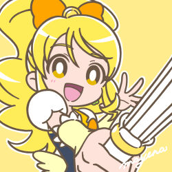 1girl blonde_hair blush bow bright_pupils cure_honey earrings eyelashes hair_bow hair_ornament happinesscharge_precure! highres holding holding_weapon jewelry long_hair looking_at_viewer low_wings magical_girl mayena oomori_yuuko open_mouth outline ponytail precure puffy_short_sleeves puffy_sleeves short_sleeves sidelocks signature simple_background smile solo upper_body weapon white_outline white_pupils wide_ponytail wings wrist_cuffs yellow_background yellow_eyes