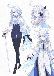 1girl :/ ahoge alternate_color ascot black_boots black_bow black_gloves blue_eyes blue_hair blue_pants boots bow brooch cane capelet coat colored_inner_hair cosplay cropped_torso drop-shaped_pupils feather_hair_ornament feathers frilled_sleeves frills full_body furina_(genshin_impact) genshin_impact gloves hair_between_eyes hair_bow hair_ornament hand_on_own_hip heterochromia high-waist_pants high_heel_boots high_heels highres holding holding_cane jewelry kkr_rkgk long_hair long_sleeves looking_at_viewer looking_down low-tied_long_hair mismatched_pupils multicolored_hair multiple_views neuvillette_(genshin_impact) neuvillette_(genshin_impact)_(cosplay) pants parted_lips putting_on_headwear shirt sidelocks sideways_glance sleeve_cuffs smile solo standing streaked_hair symbol-shaped_pupils thigh_boots very_long_hair white_ascot white_background white_capelet white_coat white_hair white_shirt