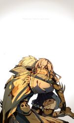 1boy 1girl absurdres age_difference armor arms_around_neck black_gloves blood blood_in_hair blood_on_clothes blood_on_face blue_armor blue_skirt boots brown_footwear cape chinese_commentary collapsed commentary_request crying cuirass dissidia_final_fantasy elf elvaan english_text faulds fermium.ice final_fantasy final_fantasy_i final_fantasy_vi gloves gradient_background hand_on_another&#039;s_back hand_on_another&#039;s_head highres hug injury kneeling long_hair open_mouth pauldrons pointy_ears prishe purple_hair sad shoulder_armor skirt spiked_armor tearing_up teeth upper_teeth_only warrior_of_light_(ff1) white_hair yellow_cape